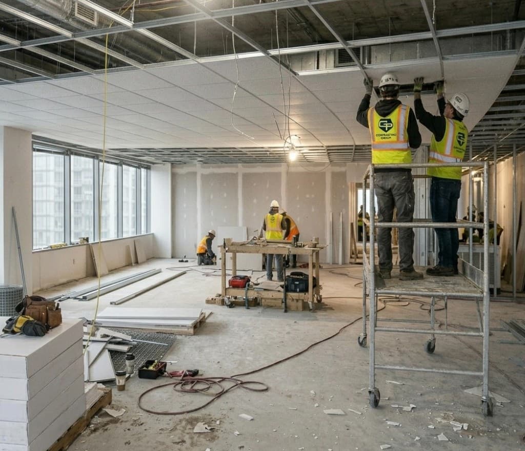 GP Contracting Group crew installing acoustic ceiling tiles in a commercial office space under renovation