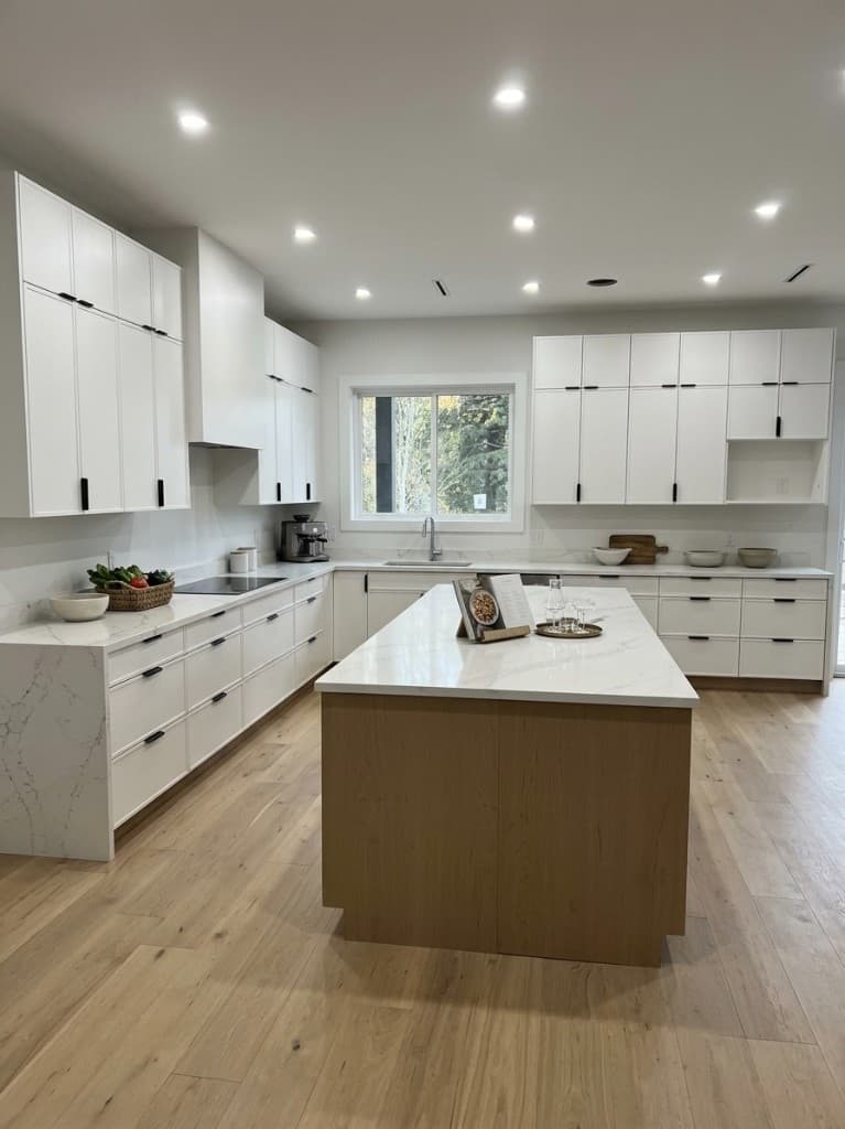 Finished kitchen interior after renovation with cabinetry, counters, and fixtures