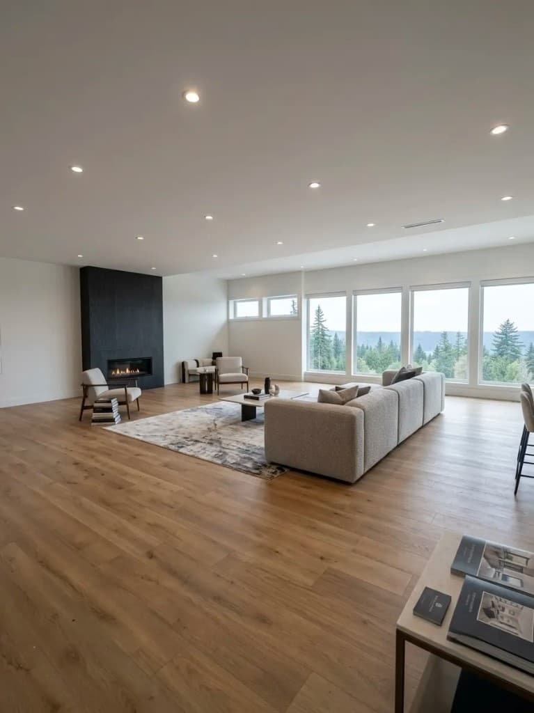 Modern interior living space with refined ceiling and lighting details