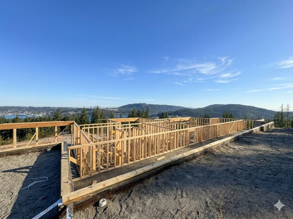 Custom home framing under construction on a hillside lot with forest and coastal views on a sunny day